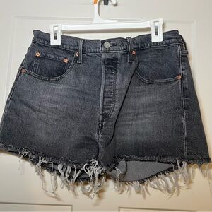 Levis 501 Denim Shorts Women Size 31 Button Fly High Rise Black Fray Hem